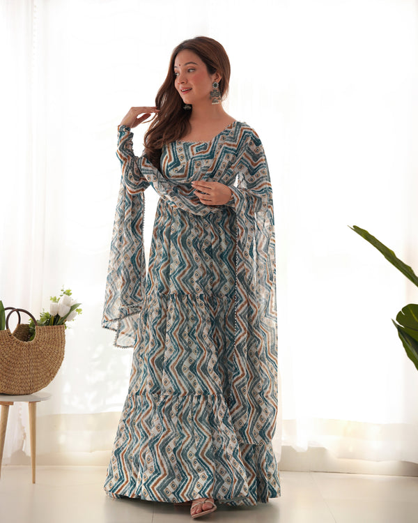 Elegant Zigzag Print Fox Georgette Anarkali Set – 7m Flair, Lace Work Dupatta & Pant