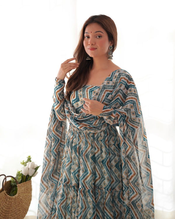 Elegant Zigzag Print Fox Georgette Anarkali Set – 7m Flair, Lace Work Dupatta & Pant
