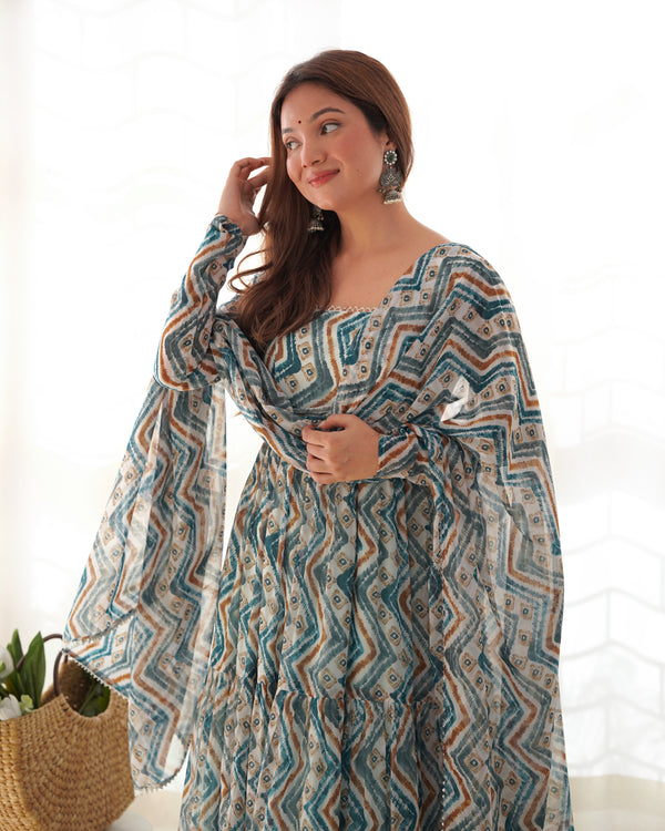 Elegant Zigzag Print Fox Georgette Anarkali Set – 7m Flair, Lace Work Dupatta & Pant