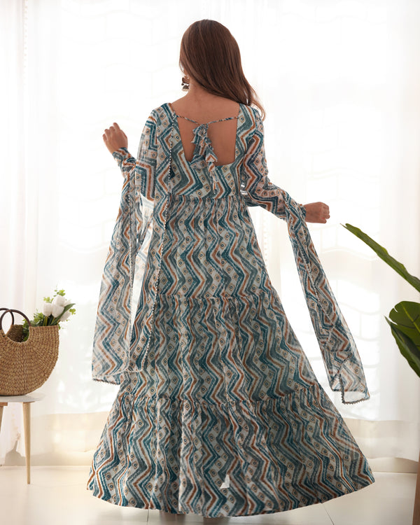 Elegant Zigzag Print Fox Georgette Anarkali Set – 7m Flair, Lace Work Dupatta & Pant