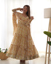 Elegant Zigzag Print Fox Georgette Anarkali Set – 7m Flair, Lace Work Dupatta & Pant