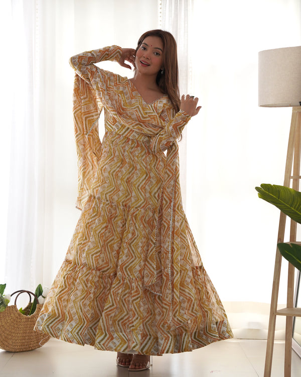 Elegant Zigzag Print Fox Georgette Anarkali Set – 7m Flair, Lace Work Dupatta & Pant