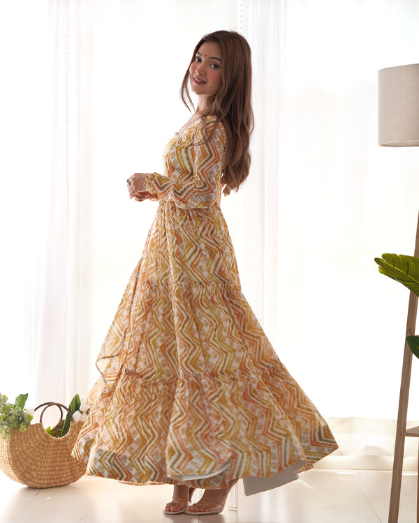 Elegant Zigzag Print Fox Georgette Anarkali Set – 7m Flair, Lace Work Dupatta & Pant