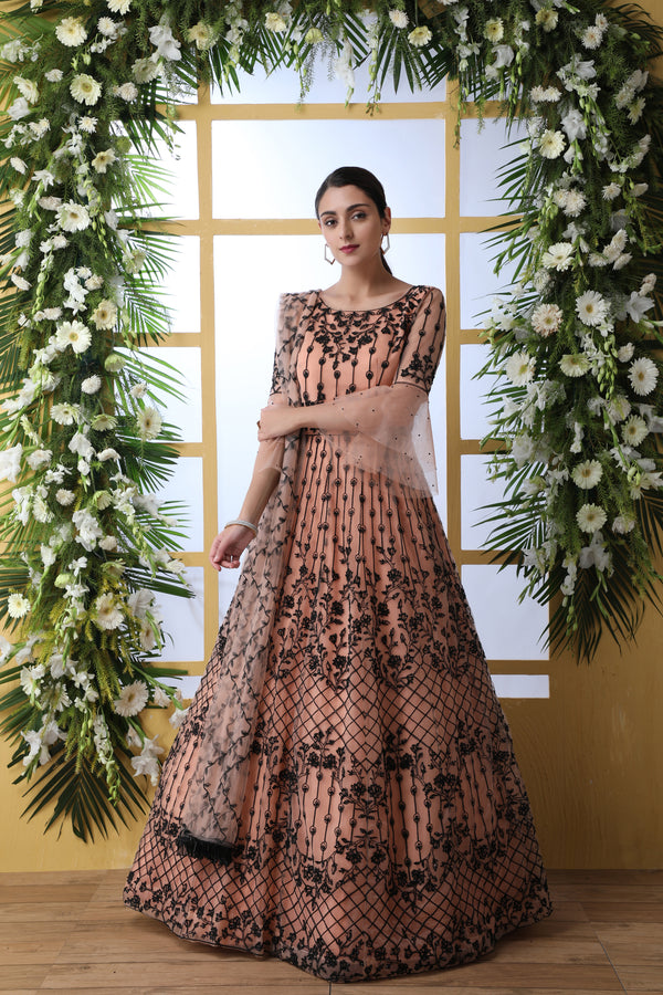 Peach Net Semi-Stitched Gown with Thread Embroidery & Stone Pasting