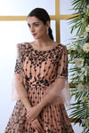 Peach Net Semi-Stitched Gown with Thread Embroidery & Stone Pasting