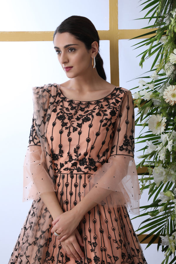 Peach Net Semi-Stitched Gown with Thread Embroidery & Stone Pasting