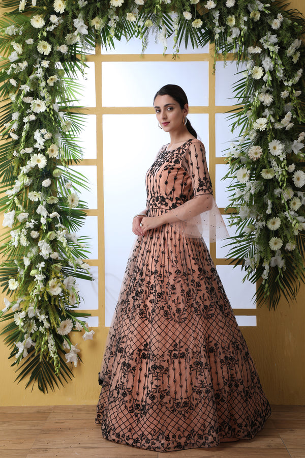 Peach Net Semi-Stitched Gown with Thread Embroidery & Stone Pasting