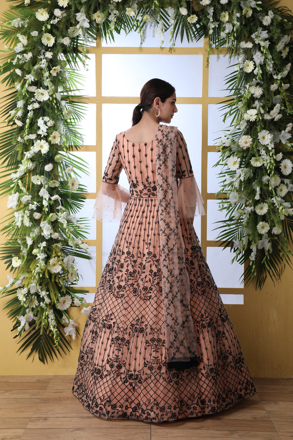 Peach Net Semi-Stitched Gown with Thread Embroidery & Stone Pasting