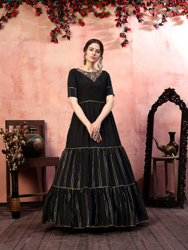 Elegant Black Silk Gown with Thread & Zari Embroidery Semi-Stitched