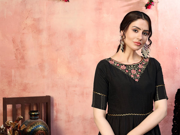 Elegant Black Silk Gown with Thread & Zari Embroidery Semi-Stitched