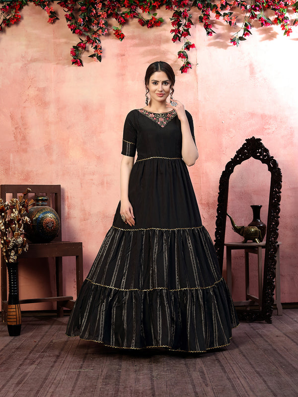 Elegant Black Silk Gown with Thread & Zari Embroidery Semi-Stitched