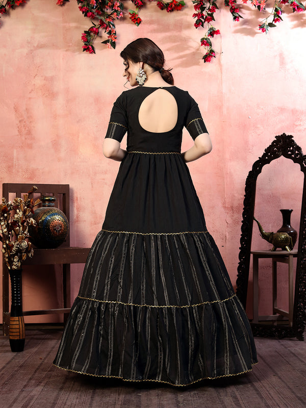 Elegant Black Silk Gown with Thread & Zari Embroidery Semi-Stitched