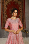 Elegant Pink Taffeta Gown with Metallic Foil Work Semi-Stitched