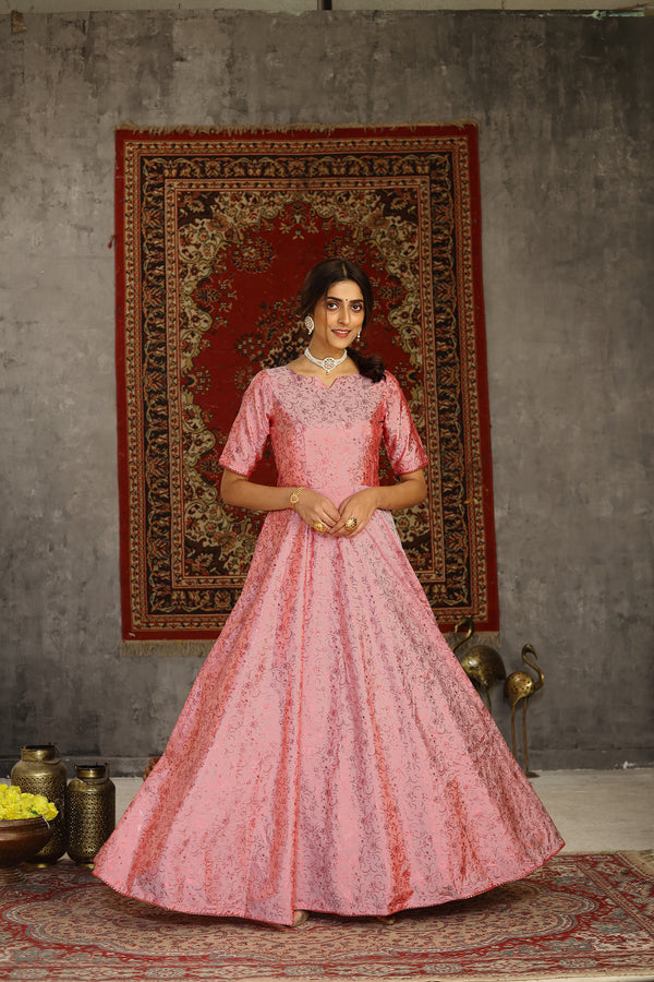 Elegant Pink Taffeta Gown with Metallic Foil Work Semi-Stitched