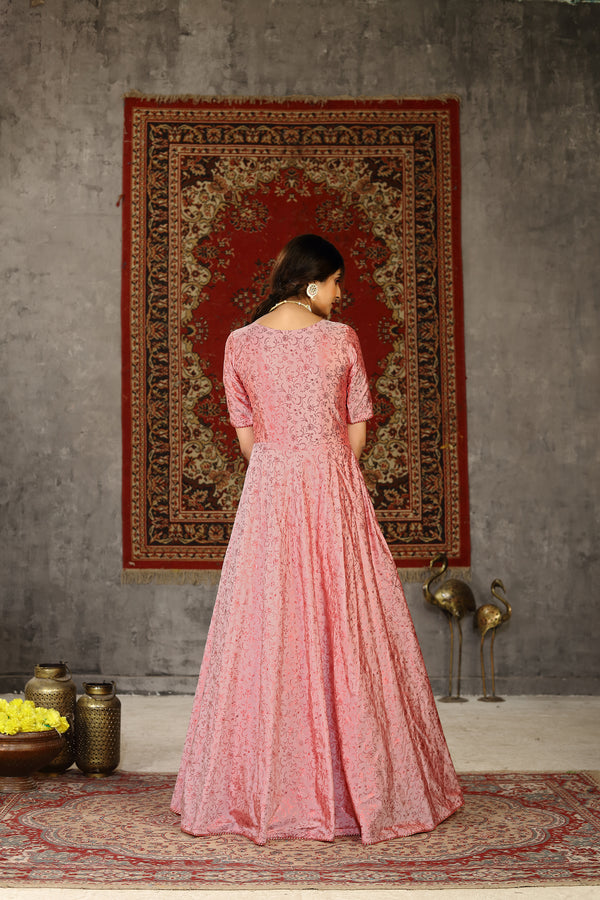 Elegant Pink Taffeta Gown with Metallic Foil Work Semi-Stitched