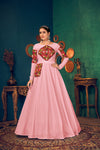 Pink Georgette Gown with Embroidered Work & Waist Belt – Semi-Stitched