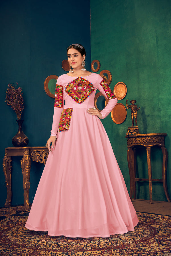 Pink Georgette Gown with Embroidered Work & Waist Belt – Semi-Stitched
