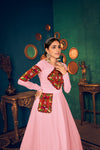 Pink Georgette Gown with Embroidered Work & Waist Belt – Semi-Stitched