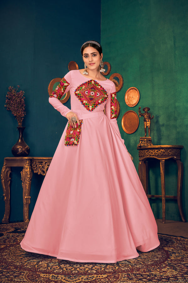 Pink Georgette Gown with Embroidered Work & Waist Belt – Semi-Stitched