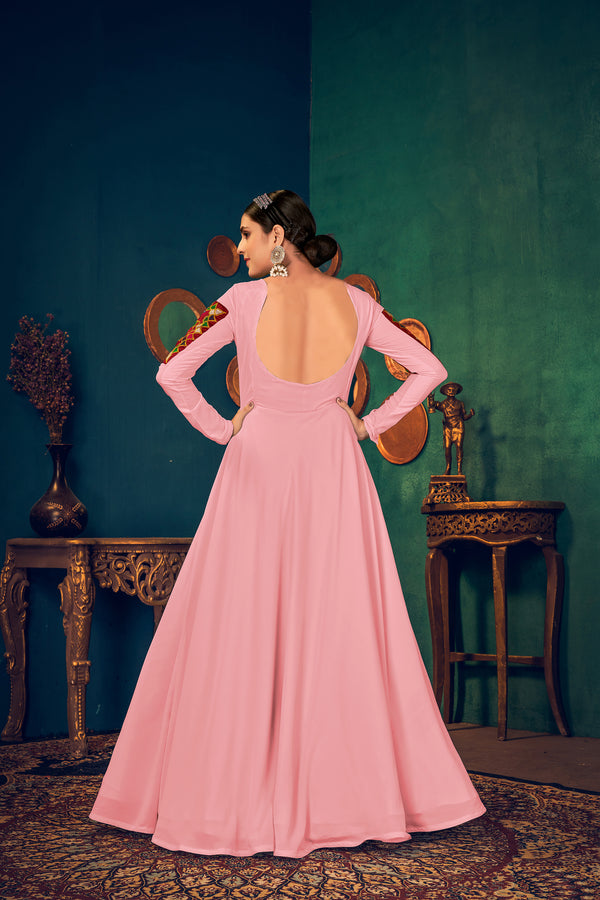 Pink Georgette Gown with Embroidered Work & Waist Belt – Semi-Stitched