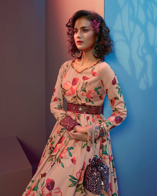 Peach Natural Crepe Gown with Fancy Sequin Work – Elegant & Chic