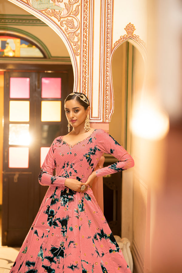 Peach Cotton Gown with Shibori Print & Sequin Work – Elegant & Stylish