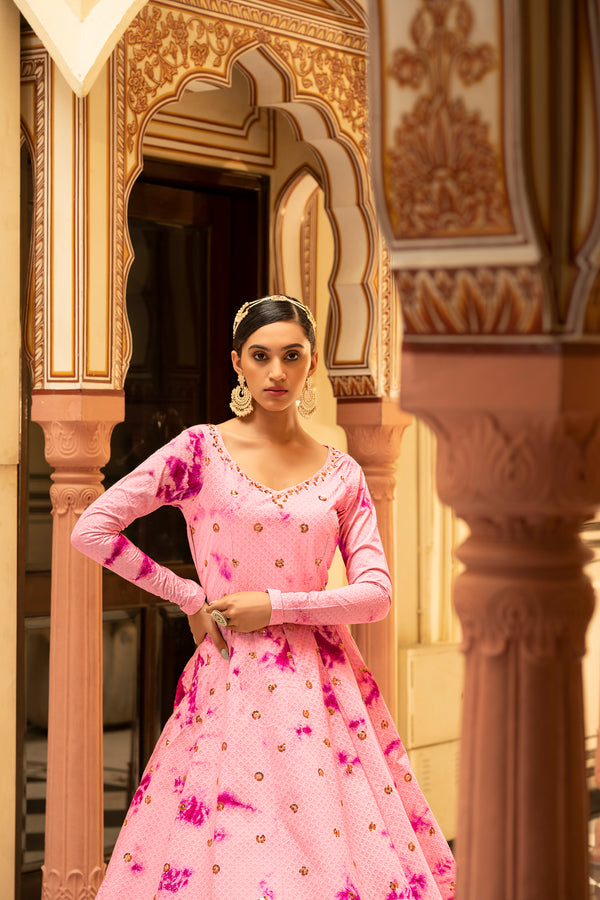 Pink Cotton Gown with Shibori Print & Sequin Embroidery – Grace & Elegance