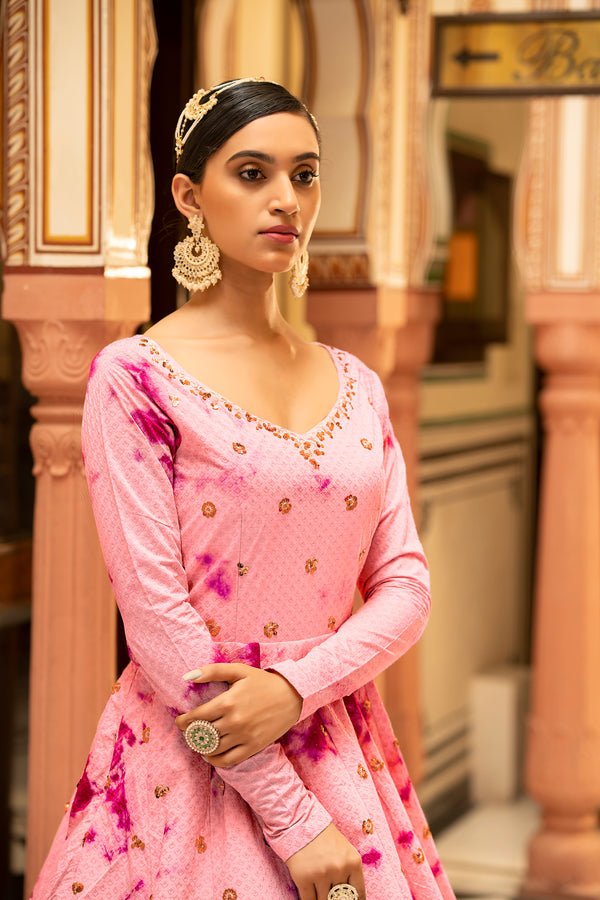Pink Cotton Gown with Shibori Print & Sequin Embroidery – Grace & Elegance