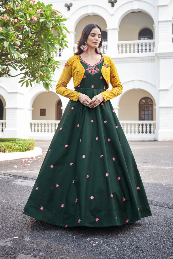 Green Cotton Gown with Shibori Print, Sequin Embroidery & Koti Elegant & Stylish