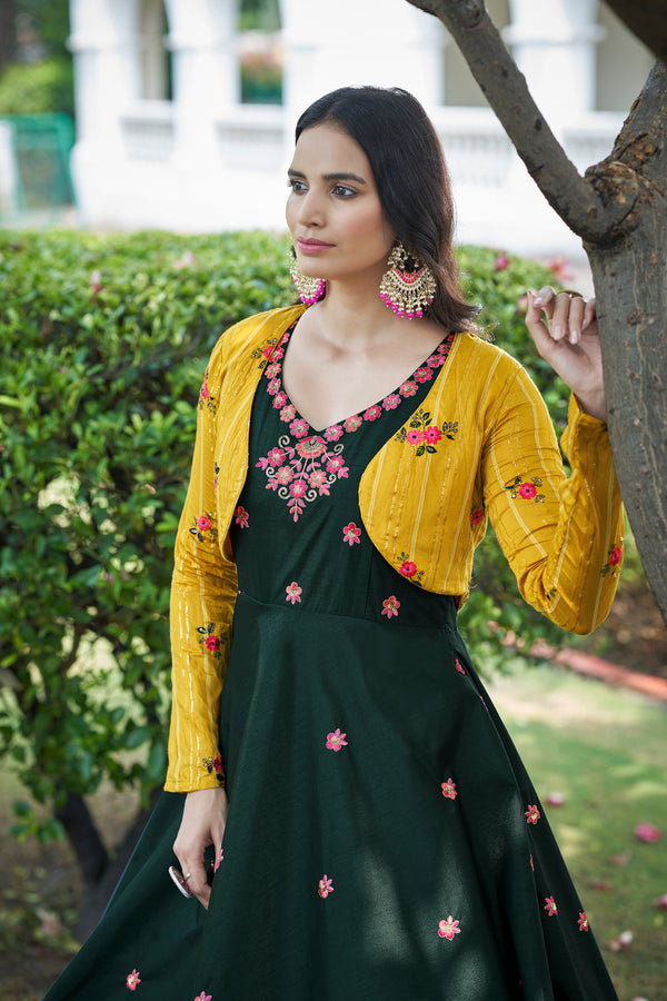 Green Cotton Gown with Shibori Print, Sequin Embroidery & Koti Elegant & Stylish