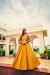 Mustard Yellow Cotton Gown with Thread & Sequin Embroidery + Koti – Elegant Ethnic Wear