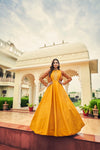 Mustard Yellow Cotton Gown with Thread & Sequin Embroidery + Koti – Elegant Ethnic Wear