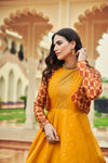 Mustard Yellow Cotton Gown with Thread & Sequin Embroidery + Koti – Elegant Ethnic Wear