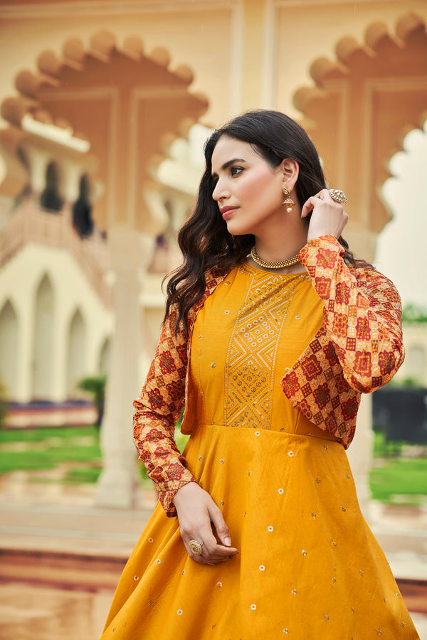 Mustard Yellow Cotton Gown with Thread & Sequin Embroidery + Koti – Elegant Ethnic Wear