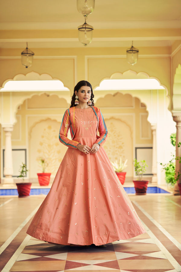 Peach Cotton Gown with Thread & Sequin Embroidery + Koti – Elegant Ethnic Wear