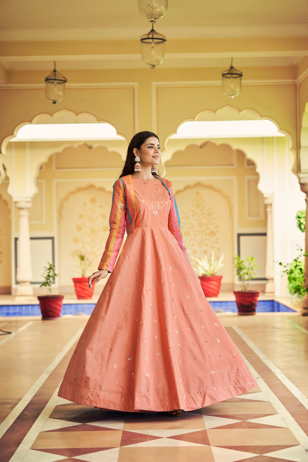 Peach Cotton Gown with Thread & Sequin Embroidery + Koti – Elegant Ethnic Wear