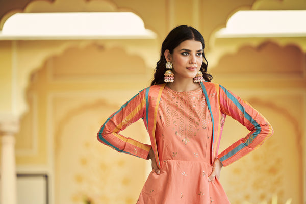 Peach Cotton Gown with Thread & Sequin Embroidery + Koti – Elegant Ethnic Wear