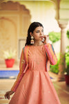 Peach Cotton Gown with Thread & Sequin Embroidery + Koti – Elegant Ethnic Wear
