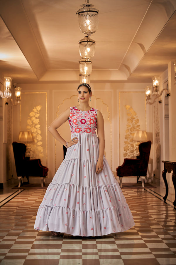 Grey Georgette Gown with Thread & Sequin Embroidery Elegant Semi-Stitched Ethnic Wear