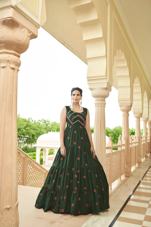 Olive Green Georgette Gown with Shibori Print & Sequin Embroidery Stylish Semi-Stitched Attire