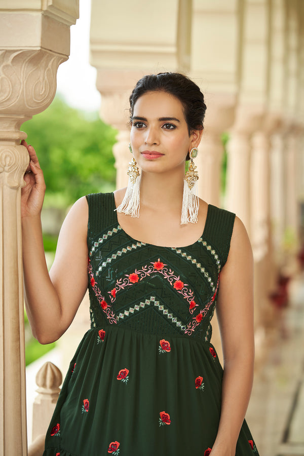 Olive Green Georgette Gown with Shibori Print & Sequin Embroidery Stylish Semi-Stitched Attire