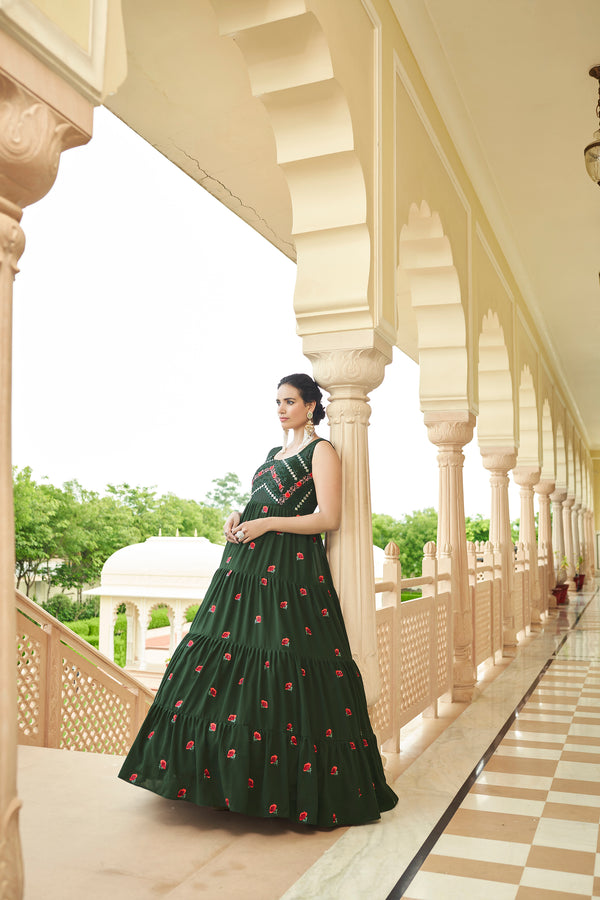 Olive Green Georgette Gown with Shibori Print & Sequin Embroidery Stylish Semi-Stitched Attire