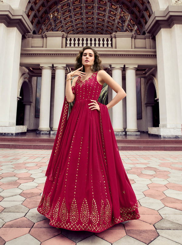 Rani Pink Georgette Gown with Sequin Embroidery Elegant Semi-Stitched Attire
