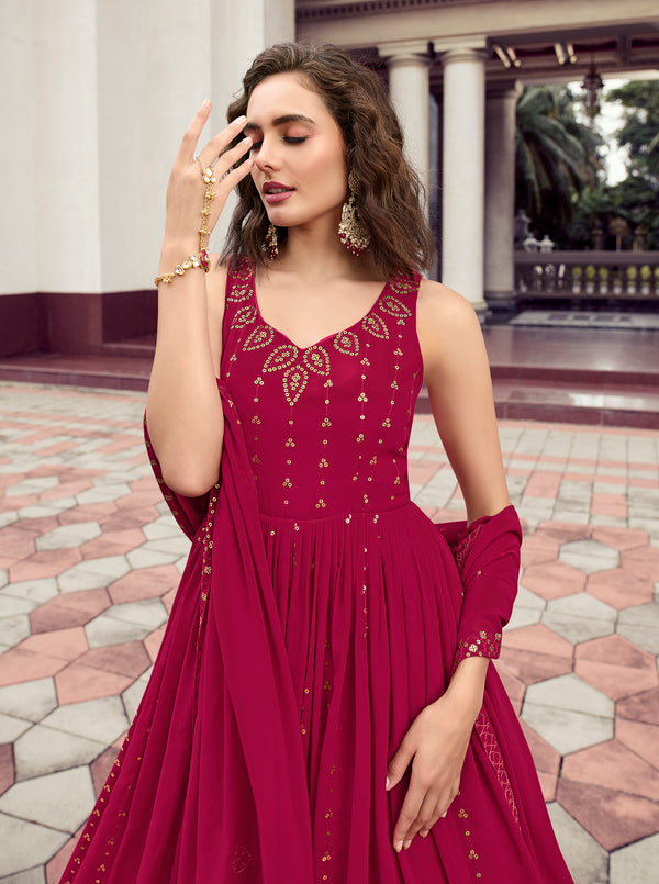 Rani Pink Georgette Gown with Sequin Embroidery Elegant Semi-Stitched Attire