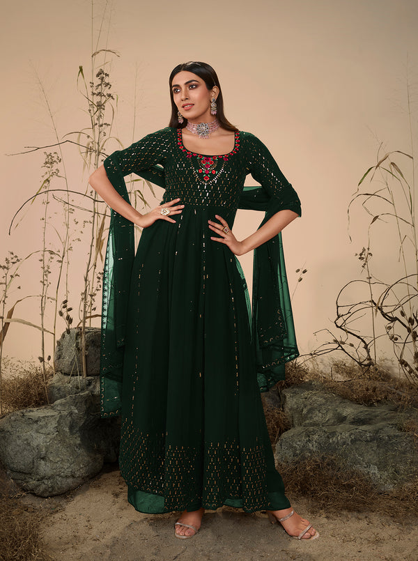 Elegant Green Georgette Gown with Thread & Sequin Embroidery – XL Size