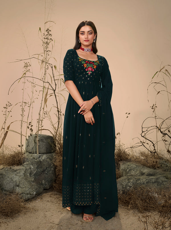Elegant Dark Olive Georgette Embroidered Dress