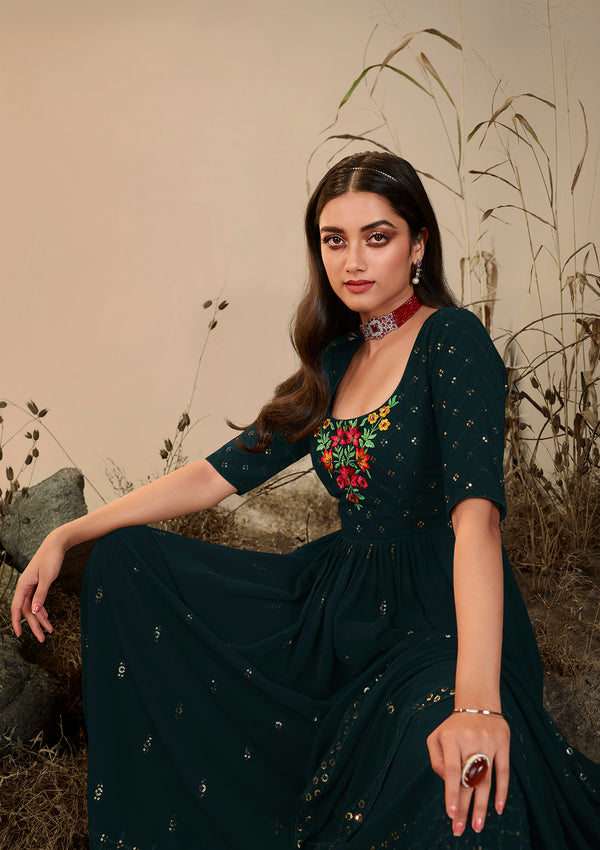 Elegant Dark Olive Georgette Embroidered Dress