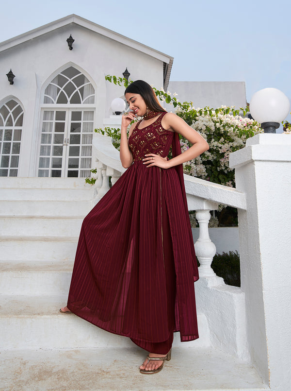 Maroon Georgette Anarkali Suit with Thread and Sequin Embroidery