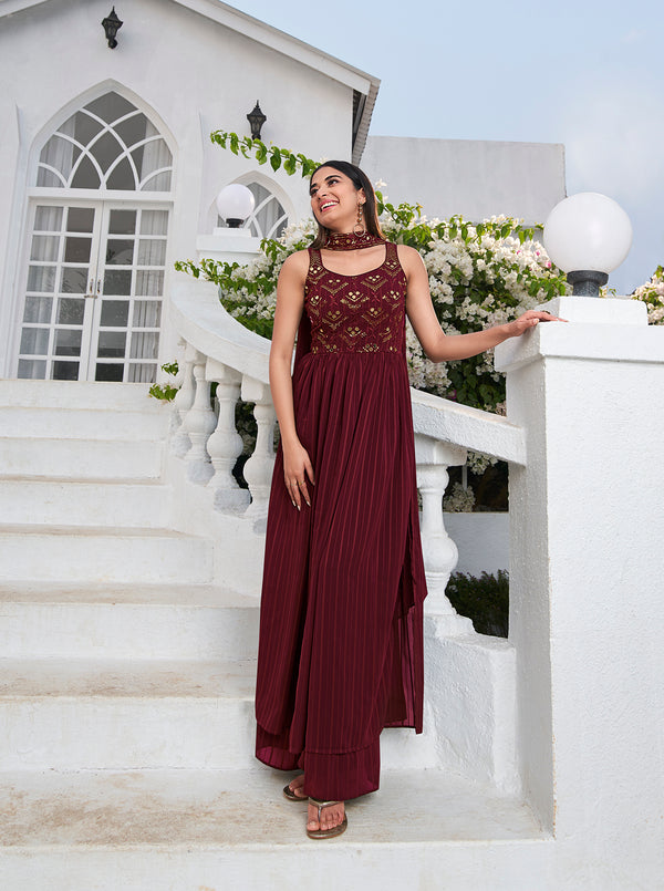 Maroon Georgette Anarkali Suit with Thread and Sequin Embroidery