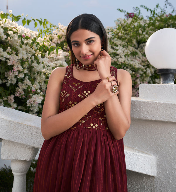 Maroon Georgette Anarkali Suit with Thread and Sequin Embroidery